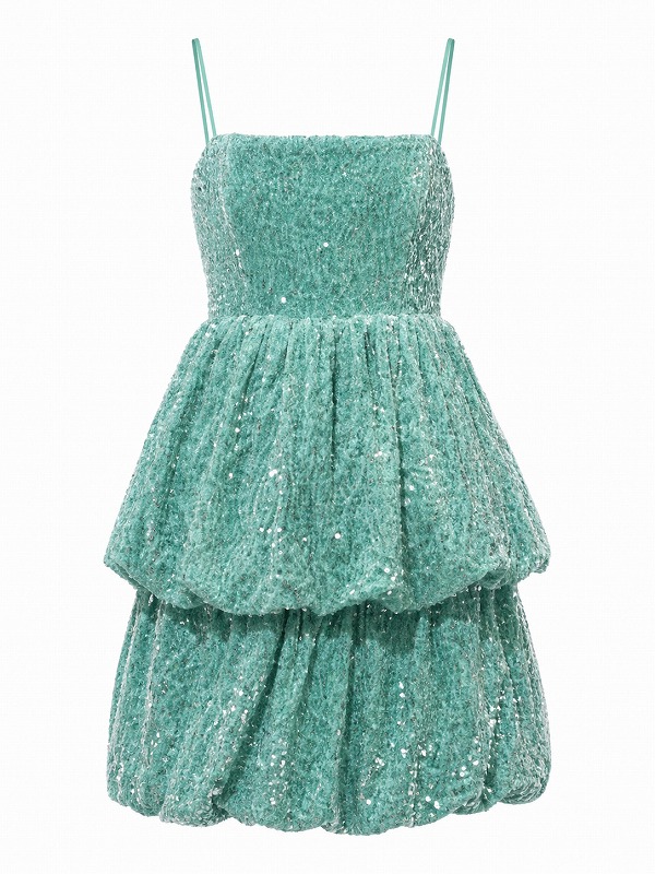 【新品DRESS 1974】ラメニットバルーンスカートキャミソールミニドレス ブルーグリーン【asos】